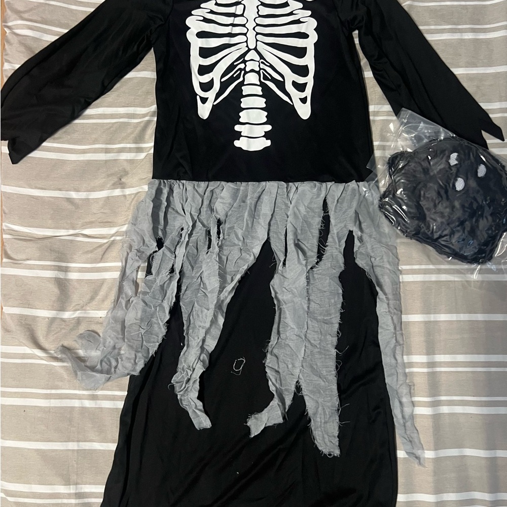 Kids Skeleton Costume with Gray Tattered Skirt